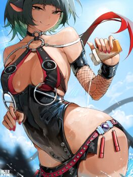 1girl alterkyon animal_ears black_hair black_one-piece_swimsuit black_sarong breasts fishnet_sleeves fishnets green_eyes highres jane_doe_(nocturne_of_light)_(zenless_zone_zero) jane_doe_(zenless_zone_zero) leather_leotard long_hair mouse_ears mouse_girl mouse_tail multicolored_hair official_alternate_costume one-piece_swimsuit sarong solo swimsuit tail zenless_zone_zero