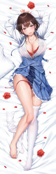 1girl absurdres arms_up artist_request bra breasts brown_eyes brown_hair cleavage clothes_lift dakimakura_(medium) flower full_body highres large_breasts looking_at_viewer lying no_shoes official_art on_back open_bra open_mouth panties red_bra red_flower red_panties red_petals red_rose rose seifuku_kanojo shirt side-tie_panties single_bare_foot single_thighhigh skirt skirt_lift solo thighhighs underwear untied_panties unworn_thighhighs white_shirt white_thighhighs yahiro_mio