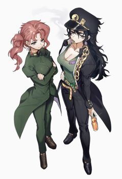 2girls absurdres black_hair blue_eyes breasts cigarette cleavage gakuran genderswap genderswap_(mtf) hat highres hufy jojo_no_kimyou_na_bouken kakyoin_noriaki kuujou_joutarou long_hair medium_breasts messy_hair multiple_cigarettes_in_mouth multiple_girls pink_hair ponytail purple_eyes school_uniform simple_background smoking stardust_crusaders white_background