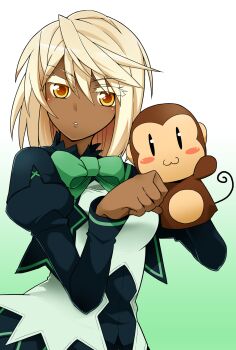 10s 1girl 2016 alternate_costume blonde_hair bow commentary_request dark-skinned_female dark_skin eyebrows female_focus gradient_background guilty_gear hand_puppet highres long_hair monkey no_headwear orange_eyes paw_pose puchi-pochi puppet ramlethal_valentine school_uniform solo