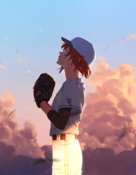 1girl ange_katrina baseball_cap baseball_glove baseball_uniform belt black_belt blue_eyes blue_sky closed_mouth clothes_writing cloud commentary cowboy_shot flat_chest from_side gradient_eyes hands_up hat highres layered_sleeves looking_up medium_hair multicolored_eyes nijisanji outdoors pants profile purple_eyes red_hair sakuraki_riichi shirt shirt_tucked_in sky smile solo sparkle sportswear sunset three-quarter_sleeves virtual_youtuber white_hat white_pants white_shirt