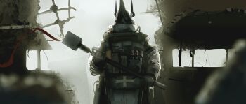 1other absurdres arknights black_gloves bulletproof_vest cowboy_shot facing_viewer gloves hammer helmet highres holding holding_hammer horns indoors kusami_toka_naku_au long_sleeves mudrock_(arknights) other_focus oxygen_mask pants rebar rubble ruins solo straight-on