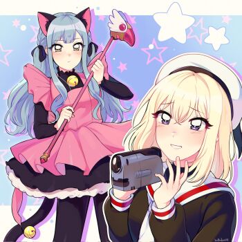 2girls animal_ears artist_name bang_dream! bang_dream!_it's_mygo!!!!! bell blonde_hair blue_background blue_hair bulkobon camcorder camera cardcaptor_sakura cat_ears cat_girl cat_tail cosplay daidouji_tomoyo daidouji_tomoyo_(cosplay) hat highres holding holding_camera holding_scepter jingle_bell kemonomimi_mode kinomoto_sakura kinomoto_sakura_(cosplay) kinomoto_sakura_(kitty) long_hair medium_hair misumi_uika multiple_girls pantyhose purple_eyes sailor_collar sailor_hat scepter simple_background skirt smile star_(symbol) tail togawa_sakiko video_camera yellow_eyes yuri