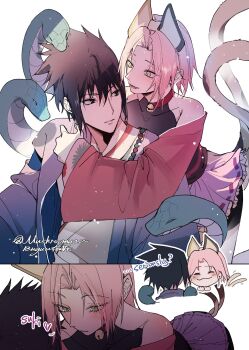 1boy 1girl animal_ears bell black_eyes black_hair cat_ears cat_girl cat_tail chibi chibi_inset eye_contact haruno_sakura highres hug japanese_clothes jingle_bell kemonomimi_mode kimono looking_at_another mushroomuaa naruto_(series) open_mouth pink_hair short_hair slit_pupils smile snake spiked_hair tail uchiha_sasuke upper_body white_background