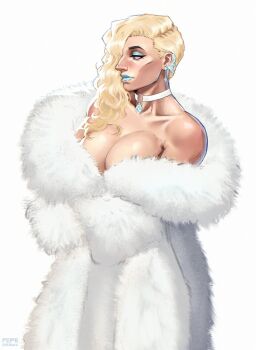 1girl 2025 alternate_costume bare_shoulders big_nose blonde_hair blue_eyes blue_eyeshadow blue_lips breasts choker cleavage coat commentary cover earrings emma_frost english_commentary eyeshadow fake_magazine_cover fur_coat highres jewelry large_breasts long_hair looking_to_the_side magazine_cover makeup marvel marvel_rivals mature_female naked_coat pepedraws profile side_part solo white_background white_choker white_coat white_theme x-men