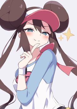 1girl absurdres blue_eyes blush closed_mouth commentary_request donut_hair_bun double_bun hair_bun highres nintendo pantyhose piyo_to_game poke_ball_print pokemon pokemon_bw2 raised_eyebrows rosa_(pokemon) simple_background smile smug solo sparkle twintails upper_body white_background