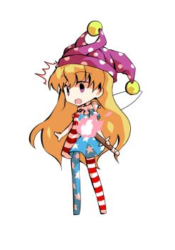 1girl american_flag american_flag_dress american_flag_legwear american_flag_print blonde_hair chibi chibi_only clownpiece commentary_request dairi fairy_wings flag_print full_body hat holding holding_torch jester_cap large_variant_set long_hair no_shoes pantyhose polka_dot_headwear purple_hat short_sleeves simple_background solo tachi-e torch touhou transparent_background variant_set wings