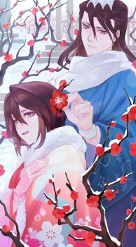 1boy 1girl antatica11 bleach blue_kimono brown_eyes brown_hair commentary_request flower fur_trim gloves hair_flower hair_intakes hair_ornament highres husband_and_wife japanese_clothes kimono kuchiki_byakuya kuchiki_hisana pink_gloves pink_kimono purple_eyes scarf snow snowflake_print white_scarf