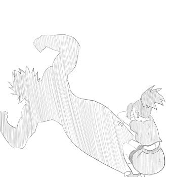 1girl cat_shadow_puppet_(meme) commentary_request dragon_ball dragon_ball_super earrings greyscale highres jewelry kale_(dragon_ball) kyakyoi legendary_super_saiyan meme monochrome muscular muscular_female ponytail saiyan shadow shirt short_sleeves skirt solo super_saiyan