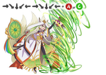 1girl animal_ears arahime_the_manifested_mikanko arm_up bell breasts bridal_gauntlets character_doll cleavage command_input doll duel_monster fox_ears fox_girl fox_tail full_body fumo_(doll) glaring green_eyes green_hair ha-re_the_sword_mikanko hair_bell hair_ornament hu-li_the_jewel_mikanko kitsune long_hair multiple_tails open_mouth shun_no_shun solo sword tail weapon yu-gi-oh!