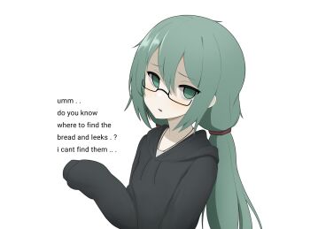 1girl aqua_eyes aqua_hair bespectacled black_hoodie breasts commentary empty_eyes english_commentary english_text glasses hatsune_miku highres hood hoodie long_hair low_twintails mikoscrub sleeves_past_fingers sleeves_past_wrists small_breasts solo twintails upper_body vocaloid