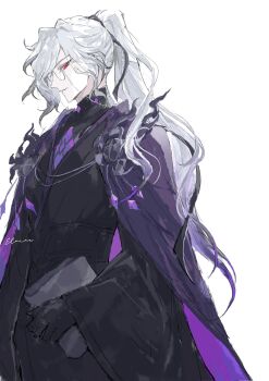 1boy black_corset black_gloves black_kimono black_ribbon black_shirt book cape colored_tips corset cowboy_shot cross-shaped_pupils edmond_dantes_(fate) elaine-didaea eyewear_strap fate/grand_order fate_(series) gem glasses gloves hair_ribbon high_ponytail highres holding holding_book japanese_clothes kimono long_hair long_sleeves looking_at_viewer male_focus multicolored_hair official_alternate_costume parted_lips ponytail profile purple_cape purple_gemstone purple_hair red_eyes ribbon round_eyewear shirt shirt_under_kimono sideways_glance simple_background smile solo standing sweater_guard swept_bangs symbol-shaped_pupils the_count_of_monte_cristo_(exhibition_attire)_(fate) the_count_of_monte_cristo_(fate) turtleneck turtleneck_shirt very_long_hair wavy_hair white_background white_hair wide_sleeves