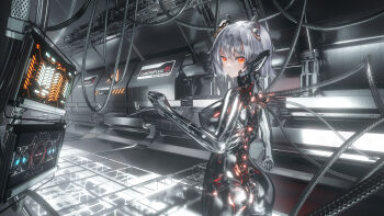 1girl absurdres android ass breasts cable commentary_request grey_hair headgear highres indoors large_breasts looking_at_viewer mechabare mechanical_spine monitor orange_eyes original science_fiction see-through_body seymour_(sai_lu_er) shiny_skin short_hair solo standing