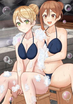 2girls :d atelier_(series) atelier_ryza atelier_ryza_1 bathtub bikini black_bikini blonde_hair breasts brown_eyes brown_hair cleavage closed_mouth collarbone commentary_request fang green_eyes hair_bun highres janqoo89 klaudia_valentz large_breasts looking_at_viewer multiple_girls on_stool open_mouth reisalin_stout same-sex_bathing shared_bathing single_hair_bun sitting smile soap_bubbles stool swimsuit teeth upper_teeth_only washing_another wet wooden_stool