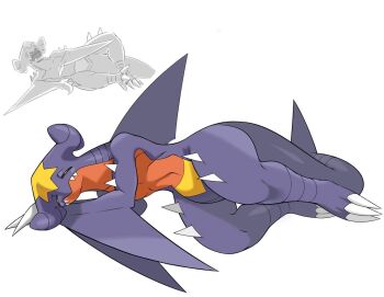 Rule 34 | artist request, black sclera, blue skin, blush, border, claws, closed eyes, collarbone, colored sclera, colored skin, dragon, full body, garchomp, gen 4 pokemon, looking at viewer, lying, male focus, multicolored skin, multiple views, nintendo, on side, pectorals, pokemon, pokemon (creature), red skin, sharp teeth, simple background, sleeping, solo, tail, teeth, white background, yawning, yellow eyes