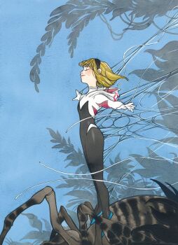 1girl animal black_bodysuit black_hairband blonde_hair blue_background blue_shoes bodysuit bug closed_eyes commentary dated_commentary full_body gwen_stacy hairband highres hood hood_down hooded_bodysuit marvel multicolored_bodysuit outstretched_arms peach_momoko shoes short_hair silk skin_tight solo spider spider-gwen spider-man_(series) spider_web spider_web_print spread_arms standing two-tone_bodysuit white_bodysuit