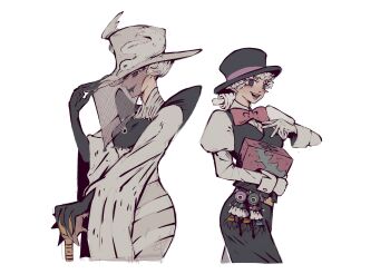 2girls bow bowtie box cropped_legs dress gachiakuta gloves grey_dress grey_hair hand_on_cane hat highres long_sleeves multiple_girls remonucha simple_background smile standing too_lily top_hat veil vest white_background wing_(gachiakuta)