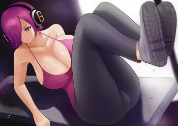 1girl absurdres amemuchizakuro arms_at_sides bare_shoulders black_pants blue_eyes breasts cleavage collarbone concentrating dripping exercising hair_over_one_eye headset highres large_breasts leg_lift legs_up looking_to_the_side lying on_back one_piece pants pink_hair pink_tank_top shoes short_hair sweat sweaty_clothes tank_top turning_head vinsmoke_reiju workout_clothes