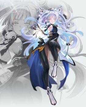 1girl absurdres bead_bracelet beads bracelet colored_eyelashes commentary_request full_body goddess_of_victory:_nikke highres jewelry korean_commentary maya_(m4yatic) mechanical_arms mechanical_hands monk nayuta_(nikke) single_mechanical_arm single_mechanical_hand solo split-color_clothes thick_eyelashes unusually_open_eyes white_eyelashes zoom_layer