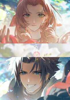 1boy 1girl absurdres black_gloves black_hair blue_eyes blurry blurry_background blurry_foreground brown_hair closed_mouth commentary_request crisis_core_final_fantasy_vii earrings final_fantasy final_fantasy_vii final_fantasy_vii_remake gloves green_eyes grin hair_ribbon highres jacket jewelry long_hair looking_at_viewer outstretched_hand parted_bangs pink_ribbon ppiinnee24 red_jacket ribbon smile spiked_hair stud_earrings sweater turtleneck turtleneck_sweater upper_body