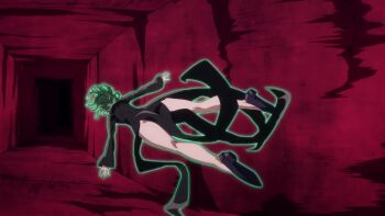 1girl animated anime_screenshot ass black_dress breasts clothing_cutout covered_navel dress floating floating_hair flying green_eyes green_hair high_heels highres hip_vent huge_ass long_hair one-punch_man skin_tight small_breasts smile sound tagme tatsumaki thighs toned toned_female video