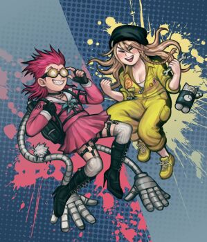 Rule 34 | 1boy, 1girl, = =, adjusting eyewear, backpack, bag, ballooncar, barbed wire, beanie, black boots, black choker, black gloves, black hat, blonde hair, boots, braid, choker, collared shirt, commentary, cosplay, costume switch, crossdressing, crossdressing (ftm), crossdressing (mtf), danganronpa (series), danganronpa 2: goodbye despair, danganronpa v3: killing harmony, english commentary, fingerless gloves, gloves, goggles, grin, hat, high heel boots, high heels, highres, holding, holding strap, holding wrench, iruma miu, jumpsuit, k1-b0, kneehighs, long hair, long sleeves, mechanical arms, miniskirt, nidai nekomaru, open mouth, pink hair, pink serafuku, pink shirt, pink skirt, robot, sailor collar, school uniform, serafuku, sharp teeth, shirt, shoelaces, shoes, single braid, skirt, skirt set, smile, socks, soda kazuichi, spiked boots, splatter background, striped clothes, striped thighhighs, teeth, thighhighs, upper teeth only, v-shaped eyebrows, white sailor collar, white socks, wrench, yellow jumpsuit, yellow shoes, zettai ryouiki, zipper