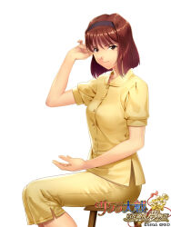 Rule 34 | blunt ends, brown eyes, brown hair, buttons, closed mouth, collarbone, collared shirt, commentary, copyright name, copyright notice, english text, game cg, hairband, highres, kanzaki sumire, logo, looking at viewer, mole, mole under eye, official art, on stool, pajamas, pants, purple hairband, red stripes, sega, shirt, short hair, short sleeves, simple background, sitting, smile, stool, straight hair, striped clothes, striped collar, striped pants, white background, wispy bangs, yellow collar, yellow pajamas, yellow sleeves, yuasa tsugumi
