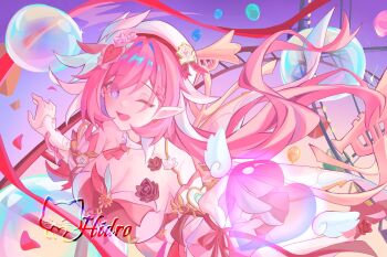 1girl ;o amusement_park artist_logo balloon beret breasts cleavage diamond-shaped_pupils diamond_(shape) dress elf elysia_(hi_love_elf)_(honkai_impact) elysia_(honkai_impact) hashtag-only_commentary hat heart_balloon highres honkai_(series) honkai_impact_3rd large_breasts logo long_hair lucas_(lucasng29949052) multicolored_hair one_eye_closed pink_hair pointy_ears purple_eyes purple_sky red_dress roller_coaster sky solo symbol-shaped_pupils two-tone_hair very_long_hair white_dress white_hair