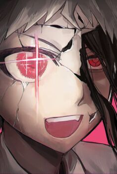Rule 34 | 1boy, :d, black hair, cracked kawaii mask, danganronpa (series), danganronpa 2: goodbye despair, fangs, highres, hinata hajime, hinata hajime (awakened), kamukura izuru, open mouth, portrait, red eyes, short hair, shuimu guan, smile, solo, sparkling eyes, spiked hair, teeth, tongue, white hair