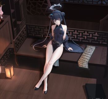 1girl absurdres bare_shoulders black_hair black_shoes blue_archive breasts butterfly_hair_ornament china_dress chinese_clothes coat commentary crossed_legs double_bun dragon_print dress grey_eyes hair_bun hair_ornament halo highres kisaki_(blue_archive) long_hair off_shoulder scroll shoes sitting small_breasts solo zjsmqjjj