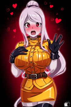 1girl absurdres belt black_gloves blush commentary cosplay embarrassed english_commentary gloves hand_on_own_chest hellsing highres jacket long_hair looking_at_viewer open_mouth overlord_(maruyama) pale_skin pink_hair ponytail red_eyes rosvo seras_victoria seras_victoria_(cosplay) shalltear_bloodfallen shiny_clothes skirt slit_pupils solo sweatdrop thighhighs very_long_hair yellow_jacket yellow_skirt