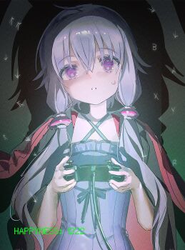 1girl :d arrow_(symbol) black_jacket commentary_request controller criss-cross_halter dress dualshock english_text false_smile frilled_dress frills game_controller gamepad halter_dress halterneck highres holding holding_controller holding_game_controller jacket jacket_on_shoulders konami_code long_sidelocks low-tied_sidelocks open_mouth playstation_controller purple_dress purple_eyes purple_hair short_hair_with_long_locks sidelocks smile solo sweatdrop typo upper_body very_long_sidelocks voiceroid yur1ca yuzuki_yukari