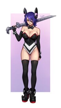 1girl absurdres alternate_costume animal_ear_hairband animal_ears black_boots black_gloves black_leotard black_thighhighs boots bow bowtie breasts cleavage commentary detached_collar elbow_gloves english_commentary eyepatch fake_animal_ears full_body gloves gradient_background hairband headgear highres kantai_collection large_breasts leotard partially_fingerless_gloves purple_background purple_hair rabbit_tail short_hair solo strapless strapless_leotard sword tail tenryuu_(kancolle) tenryuu_kai_ni_(kancolle) thighhighs tuchka weapon wrist_cuffs yellow_eyes