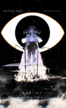 1girl absurdres arknights artist_name black_hair black_hairband black_pantyhose coat commentary commentary_request diamond-shaped_pupils diamond_(shape) english_commentary english_text floating full_body glitch hairband highres lab_coat long_hair long_sleeves looking_at_viewer mixed-language_commentary pantyhose priestess_(arknights) sakiyo shoes smile solo sweater symbol-shaped_pupils turtleneck turtleneck_sweater white_coat white_shoes white_sweater