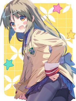 Rule 34 | 1girl, :d, akayama yukihe, ass, black pantyhose, blazer, blue bow, blue skirt, blunt ends, blush stickers, border, bow, brown hair, clannad, clothes lift, commentary request, cowboy shot, eyes visible through hair, fang, from side, green hair, hair between eyes, hair bow, happy, highres, holding, holding star, ibuki fuuko, jacket, lifting own clothes, long hair, looking at viewer, low-tied long hair, miniskirt, open mouth, outside border, panties, panties under pantyhose, pantyhose, pleated skirt, sidelocks, simple background, skin fang, skirt, skirt lift, sleeves past wrists, smile, solo, star (symbol), thighband pantyhose, underwear, very long hair, white border, white panties, yellow background, yellow jacket