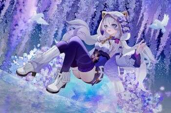 1girl bird blue_eyes blue_sky breasts chinese_commentary commentary_request detached_sleeves dove highres honkai_(series) honkai_impact_3rd leg_warmers lin_yu_jin long_hair purple_thighhighs purple_unitard shoes single_leg_warmer sky small_breasts solo theresa_apocalypse theresa_apocalypse_(schicksal&#039;s_imperative) thighhighs thighs very_long_hair white_hair white_hood white_leg_warmers white_shoes