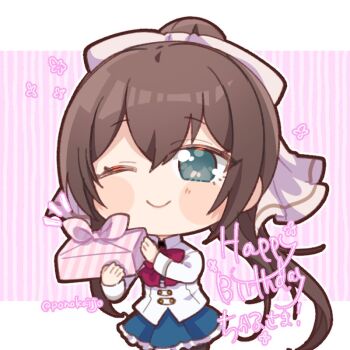 ;) aqua_eyes assault_lily bento blue_skirt blush bow bowtie brown_bow brown_hair character_name chibi closed_mouth commentary_request cowboy_shot hair_between_eyes hair_bow hands_up happy_birthday herensuge_girls_academy_school_uniform high_ponytail holding holding_bento jacket letterboxed long_hair looking_at_viewer miniskirt one_eye_closed outside_border pink_background ponokaijo ponytail red_bow red_bowtie school_uniform serizawa_chikaru skirt smile standing striped_background twitter_username very_long_hair white_jacket wrapped_bento