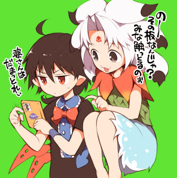 Rule 34 | 2girls, :3, ahoge, asymmetrical wings, black dress, black hair, blue skirt, blue wings, bow, bowtie, buttons, cellphone, center frills, closed mouth, commentary request, curtained hair, dress, feet out of frame, forehead tattoo, frills, green background, highres, holding, holding phone, houjuu chimi, houjuu nue, ichizen (o tori), leaf clothing, looking at another, multiple girls, open mouth, phone, pointy ears, red bow, red bowtie, red eyes, red wings, short hair, short sleeves, simple background, skirt, smartphone, smile, stuck in the past, tattoo, touhou, translation request, ufo print, white hair, wings