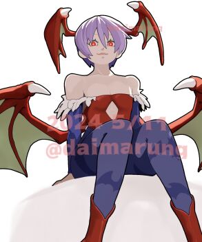 1girl animal_print bare_shoulders bat_print bat_wings blue_pantyhose bridal_gauntlets cleavage_cutout closed_mouth clothing_cutout daimaru_(s29y2c) darkstalkers dated demon_girl flat_chest from_below hair_between_eyes head_wings highres leotard lilith_(darkstalkers) looking_at_viewer low_wings pantyhose print_pantyhose purple_hair red_eyes red_leotard short_hair simple_background sitting smile solo strapless strapless_leotard twitter_username white_background wings