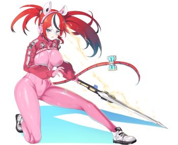 1girl absurdres alice_(nikke) black_hair blue_eyes bodysuit breasts cafelittle commentary_request cosplay covered_navel crossover goddess_of_victory:_nikke hakos_baelz highres hololive hololive_english large_breasts multicolored_hair pink_bodysuit red_hair solo stellar_blade twintails virtual_youtuber white_hair