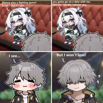 1boy 1girl :3 aqua_dress black_hairband black_jacket black_leggings black_ribbon blue_pupils blush blush_stickers bridal_gauntlets caelus_(honkai:_star_rail) controller couch dress english_text firefly_(honkai:_star_rail) gradient_hair hair_between_eyes hair_intakes hair_ornament hair_over_eyes hair_ribbon hairband highres holding holding_controller honkai:_star_rail honkai_(series) jacket ldd.ek leggings long_hair multicolored_eyes multicolored_hair neckerchief on_couch one_eye_closed open_clothes open_jacket open_mouth orange_neckerchief ribbon shirt single_bridal_gauntlet sitting trailblazer_(honkai:_star_rail) white_shirt yellow_eyes