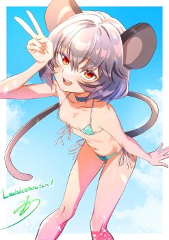 1girl absurdres alternate_costume animal_ears arm_at_side arm_up artist_request bare_arms bare_legs bare_shoulders bikini blue_background blue_bikini blue_sky blush border breasts commentary commission commissioner_name cowboy_shot english_commentary grey_hair highres leaning_forward looking_at_viewer micro_bikini mouse_ears mouse_tail nazrin open_mouth outside_border red_eyes second-party_source short_hair side-tie_bikini_bottom sky small_breasts smile solo swimsuit tail touhou v white_border