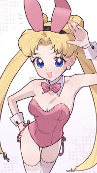1girl alternate_costume animal_ear_hairband animal_ears artist_name bare_shoulders bishoujo_senshi_sailor_moon black_hairband blonde_hair blue_eyes blush bow bowtie breasts cleavage collar commentary_request detached_collar double_bun earrings fake_animal_ears hair_bun hairband hand_up highres jewelry lace lace-trimmed_thighhighs lace_trim leotard long_hair looking_at_viewer open_mouth pink_bow pink_bowtie pink_leotard playboy_bunny rabbit_ear_hairband rabbit_ears side-tie_leotard smile solo strapless strapless_leotard thighhighs tsukino_usagi twintails very_long_hair white_background white_collar white_thighhighs white_wrist_cuffs wing_collar wrist_cuffs yyemoyy