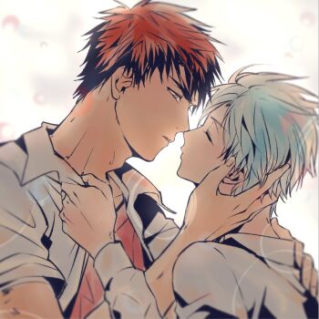 2boys adam&#039;s_apple blue_hair closed_eyes clothes_grab collared_shirt commentary forked_eyebrows from_side hand_on_another&#039;s_face imminent_kiss kagami_taiga kuroko_no_basuke kuroko_tetsuya long_sleeves looking_at_another male_focus multiple_boys open_clothes open_shirt parted_lips profile red_eyes red_hair red_shirt shirt shirt_grab short_hair sleeves_rolled_up symbol-only_commentary upper_body white_shirt wing_collar wolfsea yaoi