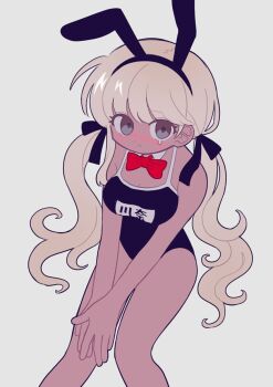 1girl :&lt; alternate_hairstyle animal_ears black_hairband black_one-piece_swimsuit blonde_hair blush bow bowtie breasts cleavage closed_mouth commentary_request dark-skinned_female dark_skin detached_collar eyelashes fake_animal_ears grey_background grey_eyes hairband highres kawana_tsubasa kndp087 long_hair medium_breasts mole mole_under_mouth one-piece_swimsuit playboy_bunny_swimsuit rabbit_ears red_bow red_bowtie school_swimsuit simple_background solo swimsuit teardrop the_hundred_line_-last_defense_academy- twintails very_long_hair