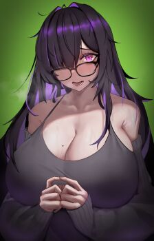1girl absurdres akira_win armpit_crease black-framed_eyewear black_cardigan black_dress black_hair blush breasts breath cardigan cleavage colored_inner_hair commentary_request dress glasses goddess_of_victory:_nikke green_background hair_over_one_eye highres huge_breasts label_(nikke) large_breasts long_hair looking_at_viewer mojyo mole mole_on_breast multicolored_hair open_mouth purple_eyes purple_hair solo steam sweat two-tone_hair veins veiny_breasts