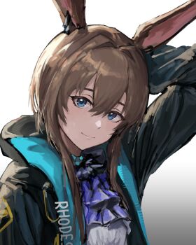 1girl absurdres amiya_(arknights) animal_ears arknights arm_behind_head ascot black_jacket blue_eyes brown_hair closed_mouth clothes_writing commentary gradient_background grey_background hair_between_eyes highres jacket long_hair long_sleeves looking_at_viewer mxewneko open_clothes open_jacket purple_ascot smile solo upper_body white_background