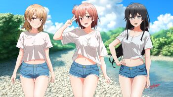 3girls :d absurdres ahoge black_hair blue_eyes blue_shorts blue_sky breasts brown_eyes brown_hair bush cloud collarbone commentary_request day denim denim_shorts hair_bun highres isshiki_iroha long_hair medium_breasts midriff multiple_girls navel open_mouth outdoors pink_hair red_eyes river rock sakayaya shirt short_hair short_shorts shorts sky smile stomach thighs tied_shirt tree v very_long_hair white_shirt yahari_ore_no_seishun_lovecome_wa_machigatteiru. yuigahama_yui yukinoshita_yukino