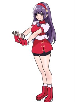 1girl asamiya_athena bike_shorts breasts dress female_focus hairband huge_breasts large_breasts long_hair looking_at_viewer meke77842928 meke_(77842928) pale_skin purple_hair shoes skirt smile smiley_face socks standing star_(symbol) the_king_of_fighters thick_thighs thighs