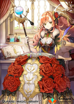 1girl :/ armchair armillary_sphere black_bow black_dress black_gloves book book_stand bottle bow braid braided_bangs breasts chair choppy_bangs cleavage cleavage_cutout clothing_cutout cocorip copyright_name cross-laced_clothes curtains desk dress dress_flower feet_out_of_frame flipped_hair floating floating_object flower fur_trim gloves gown green_eyes hair_bow hair_flower hair_ornament holding holding_paper holding_staff indoors jar large_breasts long_dress long_hair mage_staff magic multicolored_dress official_art open_book orange_hair paper potion quill qurare_magic_library reading red_flower red_rose rose sideways_glance single_glove sitting solo staff three-quarter_sleeves tray white_dress window wing_ornament wrist_cuffs writing